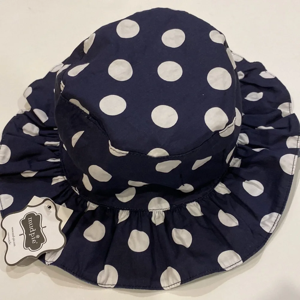 MUD PIE TODDLER SUN HAT NAVY AND WHITE POKKA DOTS NWT